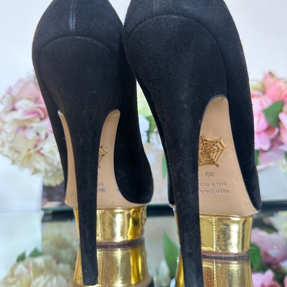 Charlotte Olympia Dolly Black Suede Heel With Gold Platform - Picture 8 of 8